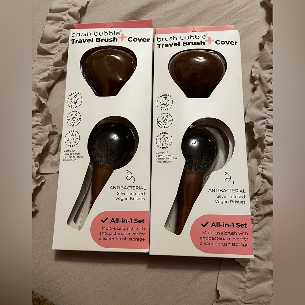 Brush Bubble Travel Brush + Cover - Brown, set of 2, Vegan Bristles NWT